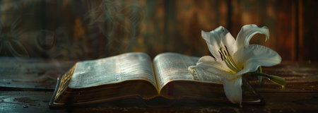 A Symbol of Serenity and Spirituality: An Open Bible with a White Lily on Its Pages, Bathed in Gentle Lightの素材
