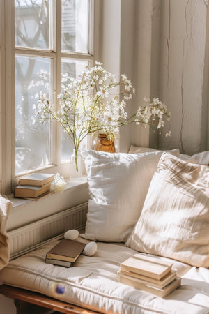 An Easter Reader's Paradise: A Bright, Comfortable Nook Brimming with Holiday-Themed Books and Cheerful Decorationsの素材