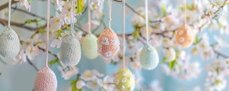 A Touch of Spring: Delicately Crafted Pastel Macrame Easter Eggs in a Floral Settingの素材
