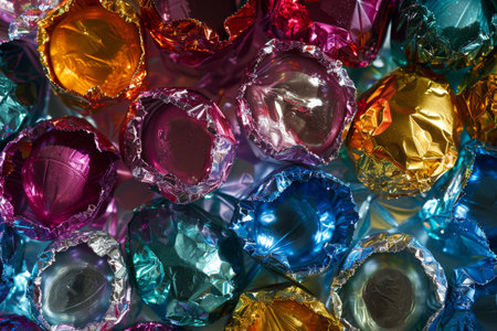 The Art of Easter: Creatively Wrapped Chocolate Eggs in a Spectrum of Foil Colors Ready for the Huntの素材