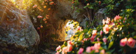 An Inspirational Outdoor Setting with an Empty Tomb Amidst a Flourishing Garden, Reflecting Faith and Hopeの素材