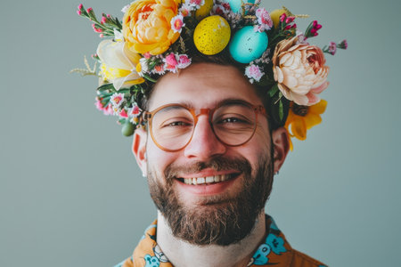 A Unique Easter Tradition: Man Dons a Festively Adorned Crown Celebrating the Season's Joy and Colorの素材