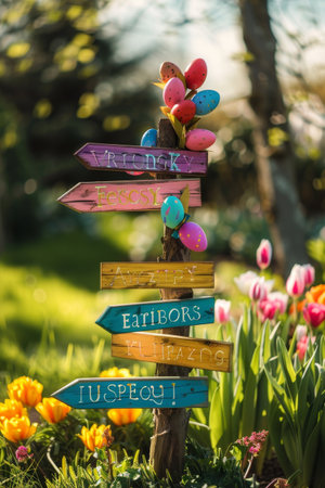 Springtime Joy: A Brightly Painted Sign Guides Young Explorers on an Easter Egg Questの素材