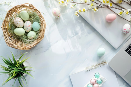 Springtime Desk Decor: Celebrate Easter with a Cute Basket of Pastel Eggs and Assorted Candies on Your Workspaceの素材