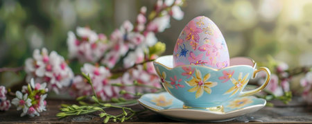 An Enchanted Easter Teatime: A Brightly Decorated Egg Suspended in a Dainty Teacupの素材