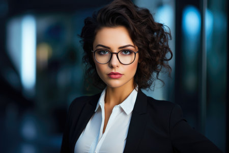 Confident Professional Woman Embracing Disruption with Vision and Tenacity in Corporate Office Settingの素材