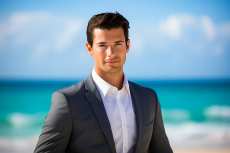 A Captivating Business Portrait Embracing the Serenity of the Beach; An Ideal Combination of Professionalism and Tranquil Sceneryの素材