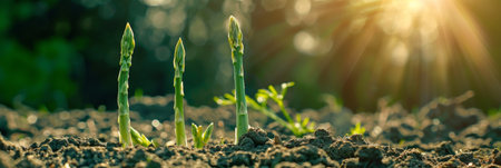 Emerging Triumphantly: The First Tender Asparagus Shoots Break Through the Soil to Greet the Spring Sunの素材