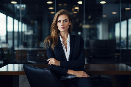 Dynamic and Confident Businesswoman: A Solo Portrait of an Ambitious Office Lady in a Modern Corporate Settingの素材