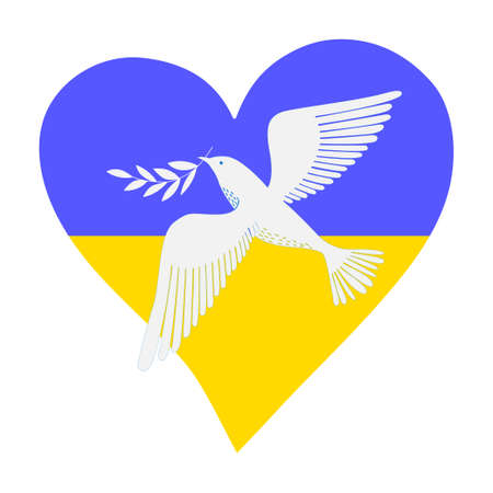 Dove of peace concept of peace for ukraine line art dove and branch in colors of ukrainian flagのイラスト素材