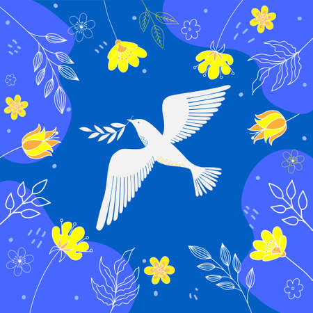 Dove of peace concept of peace for ukraine line art dove and branch in colors of ukrainian flagのイラスト素材