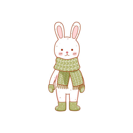 cute cartoon rabbit dressed in a warm scarf, mittens, felt bootsのイラスト素材