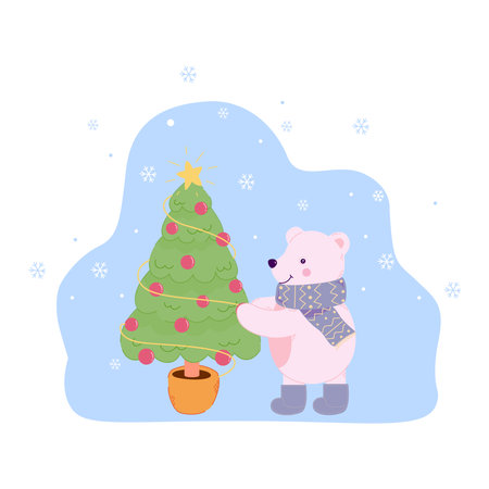 cute polar bear decorates the Christmas tree cartoon illustrationのイラスト素材