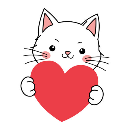 Cute little cat with red heart Valentines day doodle illustrationのイラスト素材