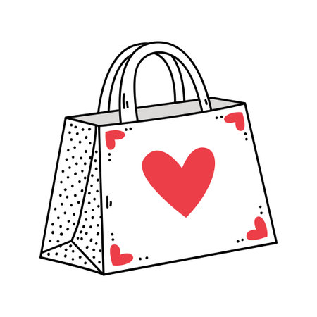 Gift bag with red heart, Valentines day doodle illustrationのイラスト素材