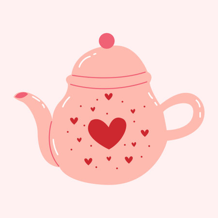 Charming and cozy teapot with red heart. Valentines day vector illustrationのイラスト素材