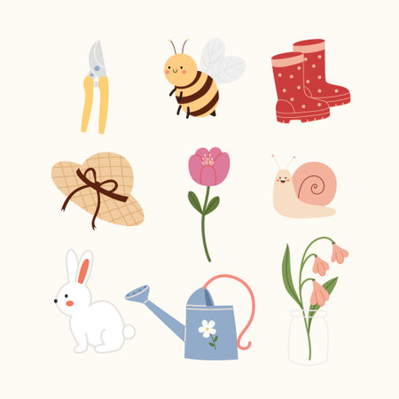 Spring and Easter elements in hand drawn flat style. Cute gardening pack.のイラスト素材