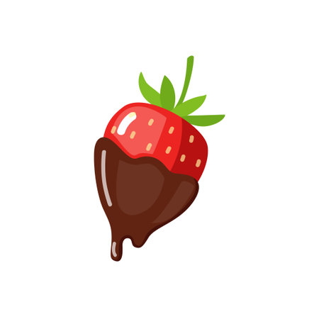 Vector illustration of a juicy strawberry dipped in rich chocolate. A delicious and sweet dessert with glossy glaze and dripping effect. Perfect for food designs, packaging, and menus.のイラスト素材