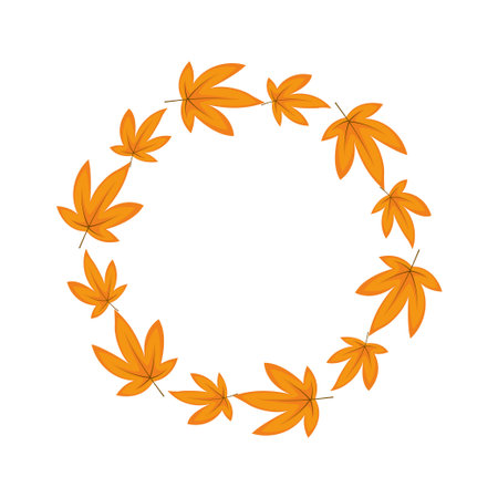 Vector wreath made of orange maple leaves in flat style. Great for autumn cards, seasonal decor, and invitations. Clean and minimal fall design.のイラスト素材