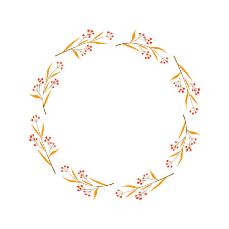 Autumn Wreath with Red Berries and Orange Leaves Hand Drawn Botanical Frameのイラスト素材
