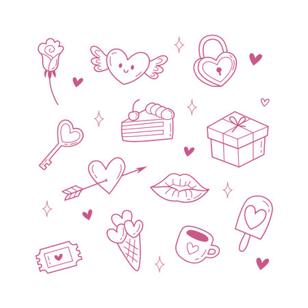 Romantic doodles with hearts, sweets, and gifts. Perfect for Valentines Day themes. Great for cards and decorのイラスト素材