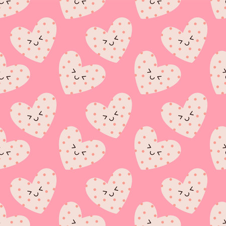Seamless Cute Heart Pattern with Smiling Faces in Pink Pastel Style