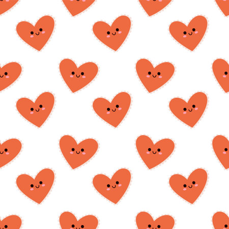 Seamless Cute Orange Heart Pattern with Smiling Faces in Kawaii Style