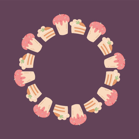 Easter dessert wreath frame. Cute hand drawn cupcake and carrot cake circle border vector...