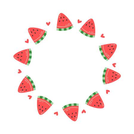 Watermelon slice frame cute cartoon style with hearts summer fruit circular border for party invitation and card decorationのイラスト素材