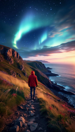 Aurora borealis, northern light over the sea. Man in red jacket and hood standing on the cliff and looking at the starry skyの素材