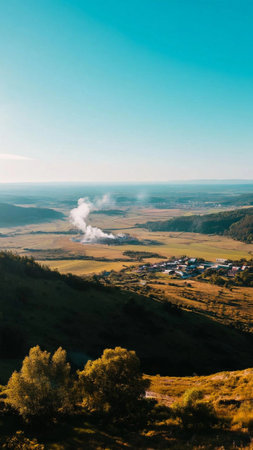 Aerial view of the village and the smoke from the chimneyの素材