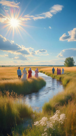 Bride and groom on the meadow at sunset. Wedding in Hollandの素材