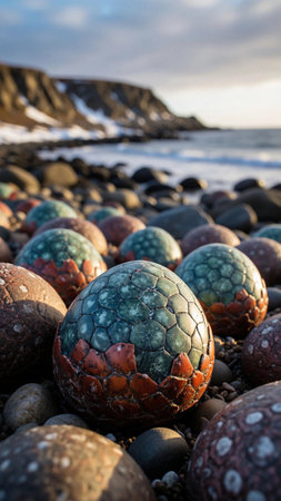 Colorful Easter eggs on the beach in Iceland, Europe. Selective focus.の素材
