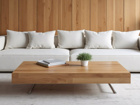 Interior of modern living room with white sofa and wooden wall. 3d render