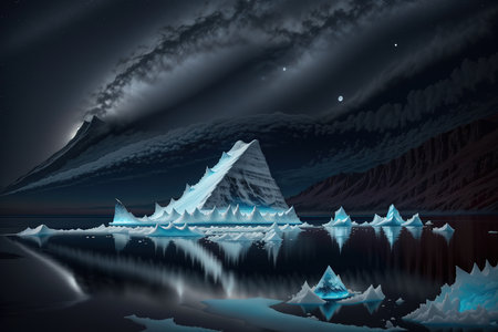 Icebergs in the night sky reflected in the water. 3d renderingの素材
