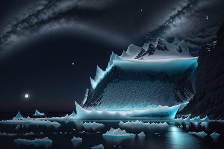 Icebergs floating in the sea at night. 3D renderingの素材