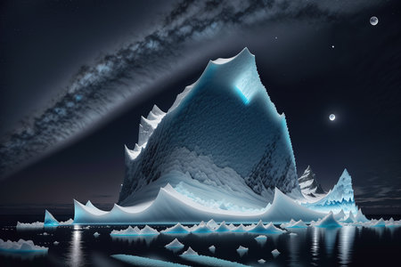 Icebergs in the night sky. 3d render illustration.の素材
