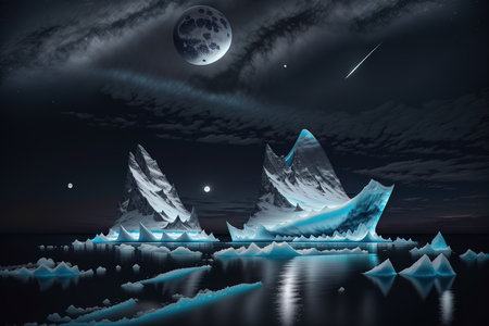 Icebergs at night with moon and stars, 3d renderの素材