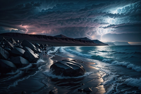 Beautiful seascape with a stormy sky. Collage.の素材