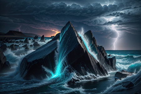 Fantasy landscape with icebergs and stormy sea. 3d illustrationの素材