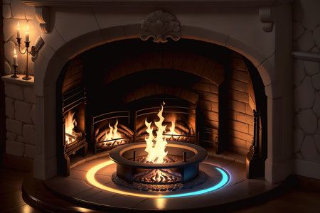 3d rendering of a fireplace in the room with fire and flamesの素材