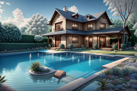 3d rendering of modern cozy clinker house on the ponds with garage and pool for sale or rent. Clear sunny summer day with blue sky. With many flowers around.の素材