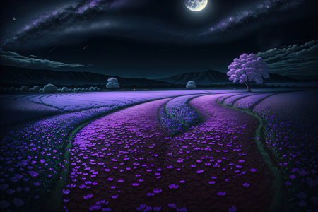 Lavender field at night in full moon light. 3D renderingの素材