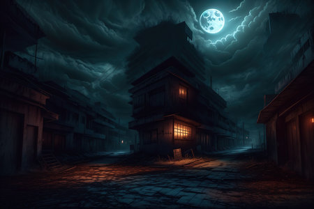 Fantasy landscape of a haunted house in the moonlight. 3D renderingの素材