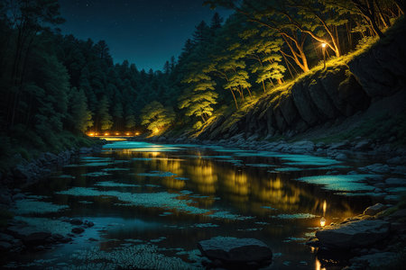 Beautiful night view of the forest and the river with the starsの素材