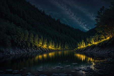 Milky way over the mountain lake at night with reflection of treesの素材