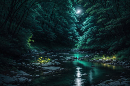 Mountain river in the forest at night. 3d rendering.の素材