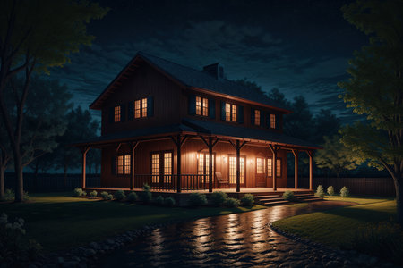 3D rendering of a wooden house in the garden at night.の素材