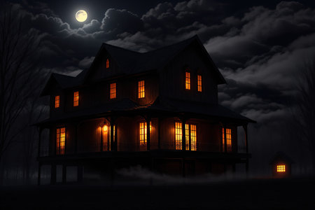 Halloween night with haunted house and moon. 3D rendering.の素材