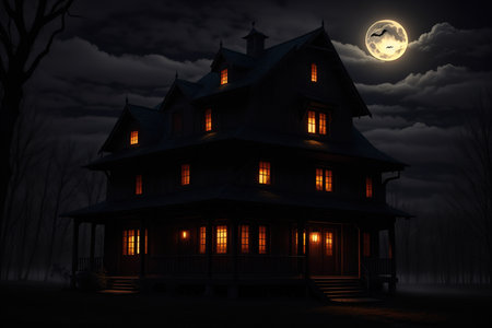 Halloween background with haunted house and full moon. 3D renderingの素材